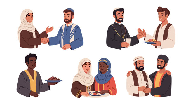 Vector Icons Set of Diverse group of people sharing food and greetings in various cultural settings. EPS Editable