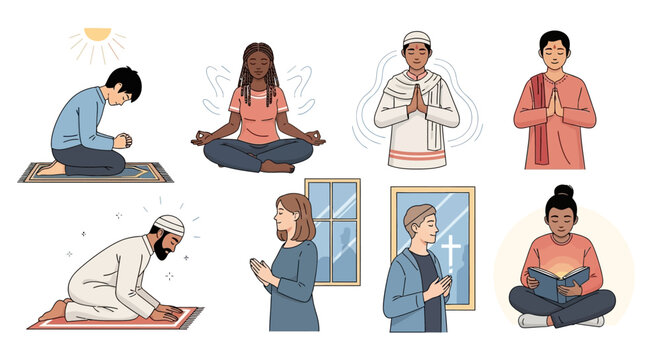 Vector Icons Set of Diverse people practicing different religions and spiritual activities together. EPS Editable