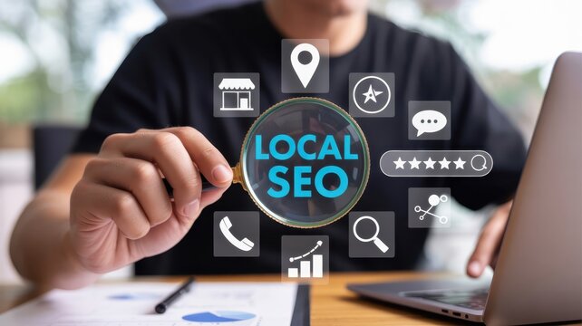 Person focuses on local search engine optimization concepts using a magnifying glass over digital icons.
