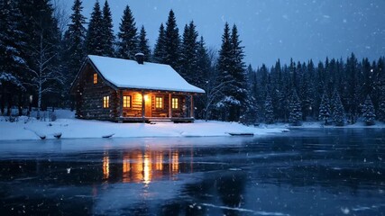 Enchanting Winter Cabin Glowing Warmth Amidst Snowy Serenity