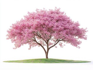 Obraz premium A large tree with abundant pink blossoms standing on a small grassy hill under soft light, evoking feelings of spring and tranquility