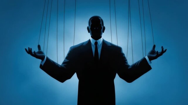 Dark Silhouette of a Businessman Manipulating Puppet Strings in a Conceptual Representation of Control and Power 4k video footage