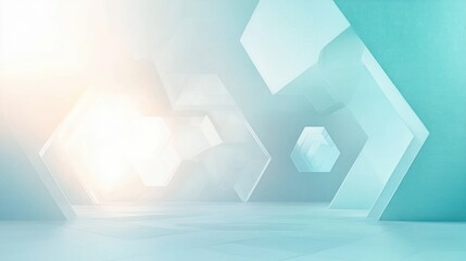 Bright futuristic indoor space with translucent hexagonal shapes and soft blue and white lighting creating a calm and spacious atmosphere