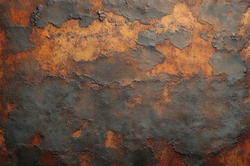 Obraz premium close-up texture of heavily rusted and corroded metal surface with flaky, peeling layers of dark oxidation over orange-brown base