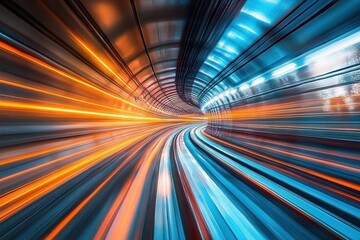 dynamic abstract light trails inside a tunnel creating a futuristic sense of speed and motion with vibrant orange and blue streaks