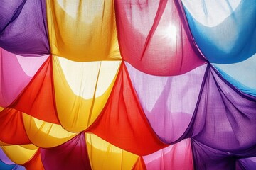 Vibrant translucent fabric panels in red, yellow, purple, pink, and blue hanging overhead with sunlight filtering through creating a colorful, uplifting atmosphere