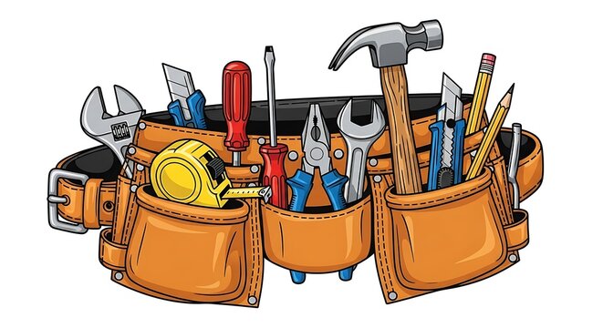 Essential Tool Belt with Various Hand Tools for Construction and Repair.