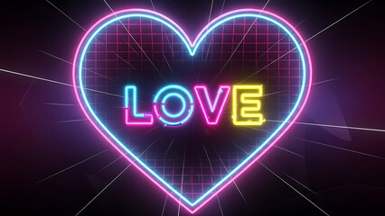 A vibrant neon illustration featuring a glowing heart outline with a retro grid texture and the word “LOVE” illuminated in bright neon colors