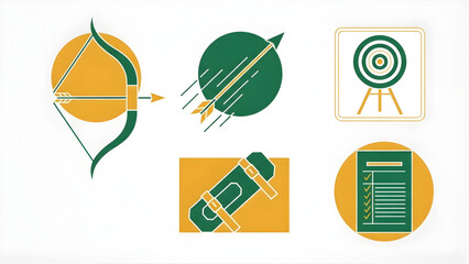 Dynamic flat design icon collection symbolizing strategic aiming, rapid progress, and goal attainment through precision and planning, featuring archery and rockets