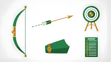 Archery equipment vector set Bow, arrow, target, armguard, and checklist icons for design