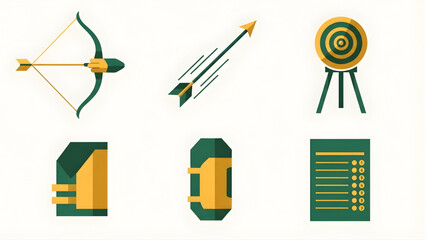Vector Illustrations of Archery Equipment and Target Sports Icons on White Background