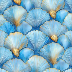 Seamless pattern of blue seashells with golden accents densely layered creating an elegant and serene ocean-inspired texture