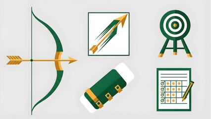 Archery and Target Sports Vector Icons Bow, Arrow, Quiver, and Dartboard Collection