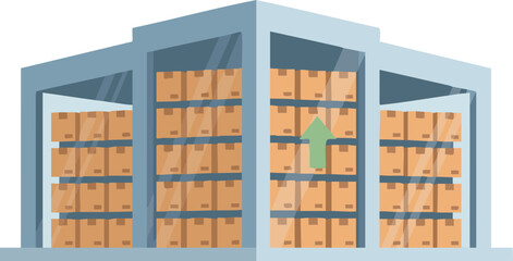 Large warehouse interior filled with stacked cardboard boxes on high shelves, symbolizing inventory management, logistics, and stock control. Ideal for supply chain presentations and shipping services