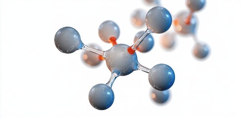 Close-up of two molecular models showing connected atoms with shiny spherical elements and translucent bonds on a white background