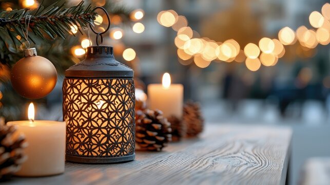 A close-up of a decorative Christmas lantern with lit candles and pinecones on a wooden surface, with a blurred background of festive string lights.