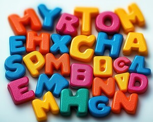 Fototapeta premium Colorful plastic alphabet letters scattered randomly on a white surface, displaying a playful and bright arrangement