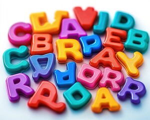 Fototapeta premium Colorful plastic alphabet letters scattered randomly on a white background evoking a playful and educational mood