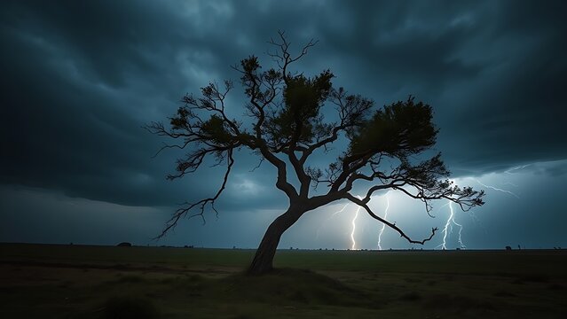 superego. A lone tree bent by strong winds during a stormy night with dramatic lighting. ESG reports, sustainability campaigns, designed for sustainability communications and ESG reporting.
