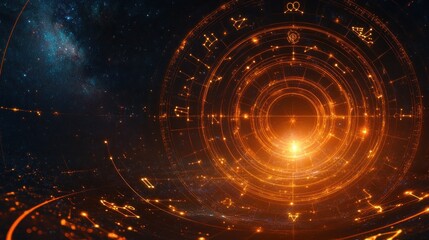 Obraz premium Glowing circular astrological chart with zodiac symbols illuminated in bright orange against a deep space background filled with stars and cosmic dust, evoking mystery and cosmic wonder
