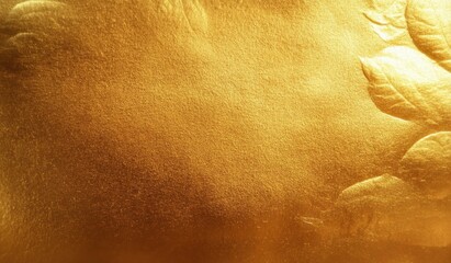Fototapeta premium Close-up of a golden textured surface with subtle embossed floral leaf patterns and a shimmering reflective finish