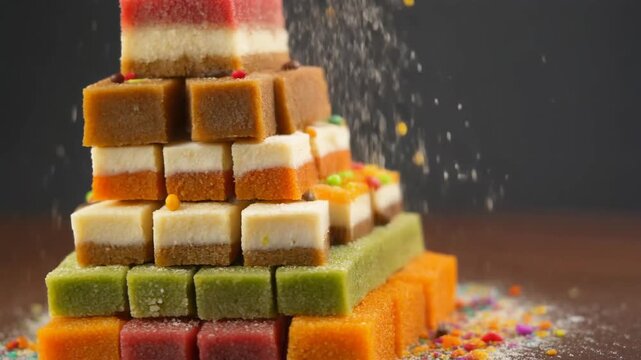 Colorful layered sweets stacked into tall tower.