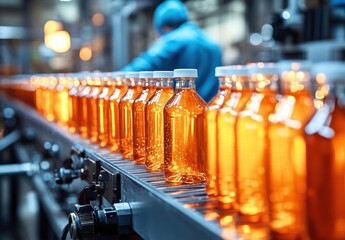 Row of orange liquid bottles on a production conveyor belt in a factory with a worker in protective blue attire in the background