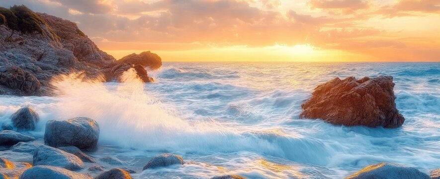 Powerful ocean waves crashing against large rocky coast during vibrant sunset with cloudy sky casting warm light over water and rocks - Powered by Adobe