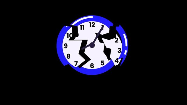 Broken clock animation depicting lost time, fatigue, deadline pressure, and time destruction, minimalist motion graphics on transparent background for productivity, stress, and business themes.