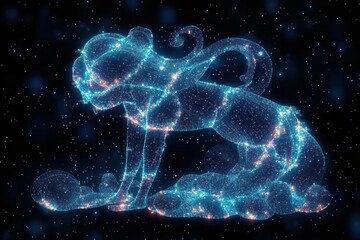 Glowing digital wireframe of a feline creature with sparkling stars and light particles against a dark cosmic background, evoking a sense of wonder and futuristic mystery