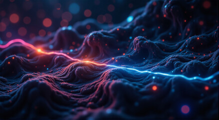 Abstract digital wave network with glowing particles and flowing lines, representing connectivity and data flow