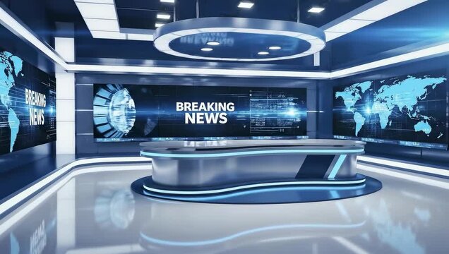 Futuristic News Studio With Large Screens Displaying World Maps And Breaking News Text In Blue Tones With Bright Lighting And Reflective Floor