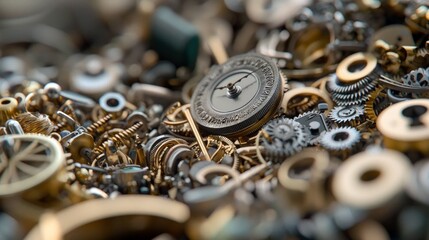 A detailed close-up shot of a pile of antique clockwork gears, springs, and other mechanical components. A vintage pocket watch face is prominently visible, sur