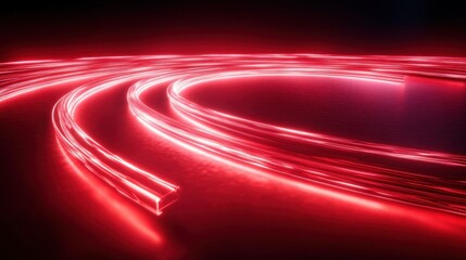 Curving glowing red neon light ribbons and sweeping arcs on a glossy dark reflective surface, futuristic energetic pulse and motion