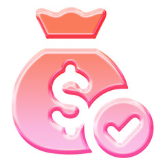 Glossy 3D Money Bag Check icon with glassmorphism effect - Y2K inspired jelly approved payment symbol in pink gradient