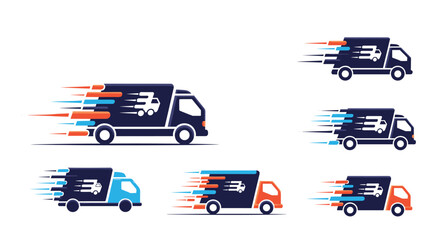 A collection of stylized delivery truck icons in various colors, featuring speed lines to illustrate rapid shipping and logistics services.