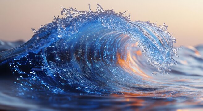 glowing blue ocean wave curling with visible circuit patterns and splashing foam, warm orange sunset reflections, powerful futuristic motion and awe-inspiring energy
