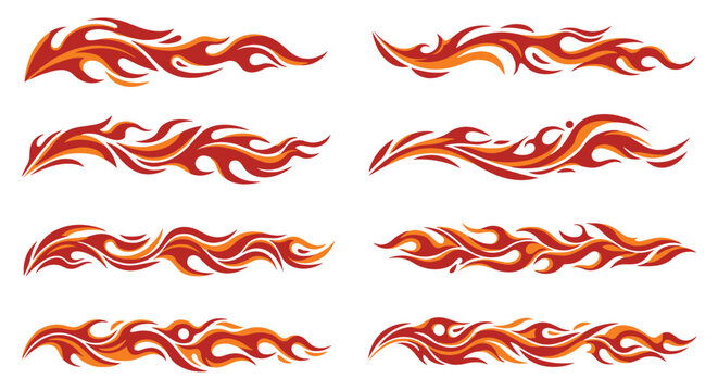 A collection of abstract red and orange fire flame design elements and tribal patterns, ideal for decorative accents and hot rod themes.