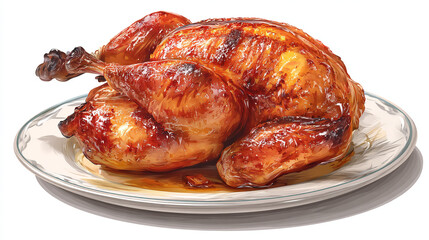 Roasted chicken on a plate with golden brown skin and visible juices illustration