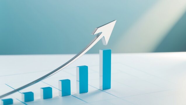 Blue bar chart showing upward trend and growth arrow