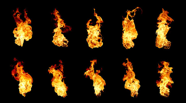 Collection of isolated flames on black background. Perfect for digital art, design and visual effects. Perfect for energy explosion scenes.