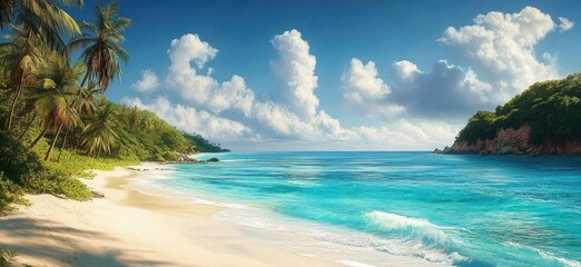 Fototapeta premium sunlit tropical beach with white sand, turquoise sea, gentle waves, palm trees, lush green headlands and towering cumulus clouds, peaceful and idyllic