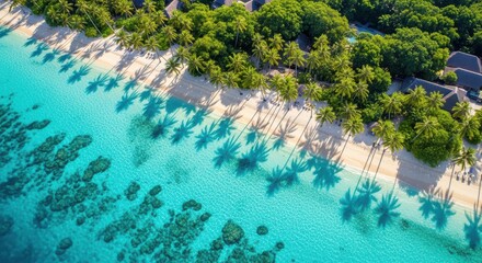 Fototapeta premium Aerial view of a tropical island coastline showing vibrant turquoise ocean water, white sand beach, and lush green palm tree forest with long shadows stretching across the shore