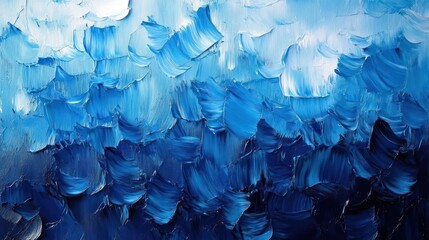 Abstract close-up of blue impasto oil painting with thick palette knife strokes and layered textures, evoking calm, depth, and flowing oceanic serenity