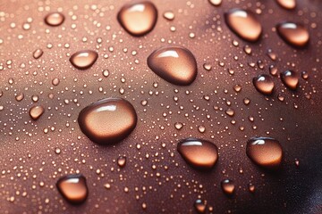 close-up of varied water droplets on a textured metallic copper surface with glossy reflections and a calm shimmering mood