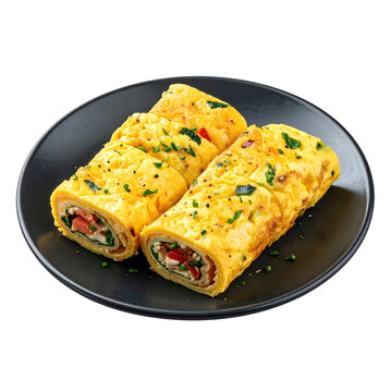 Fluffy mini omelette rolls with filling on a dark plate, a versatile and protein-rich breakfast isolated on white background