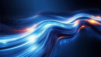 flowing luminous blue and white light ribbons with orange highlights and sparkling particles, dynamic futuristic calm energy