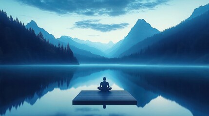 silhouette of a person meditating on a floating platform on a mirror-calm mountain lake at dawn surrounded by pine forests, misty peaks and soft blue light, peaceful and serene