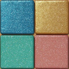 Fototapeta premium Four glittering square cosmetic pans in blue, gold, teal and pink arranged in a neat grid conveying playful festive sparkle