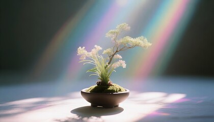 Small Potted Plant with Rainbow Light Rays on Minimal Table
